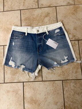 VERVET Two-Tone Distressed Denim Shorts in Blue and White